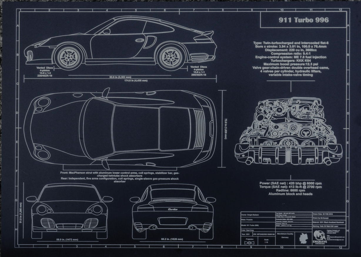 Blueprint of a classic Porsche 911 Turbo with detailed views and engine specs.