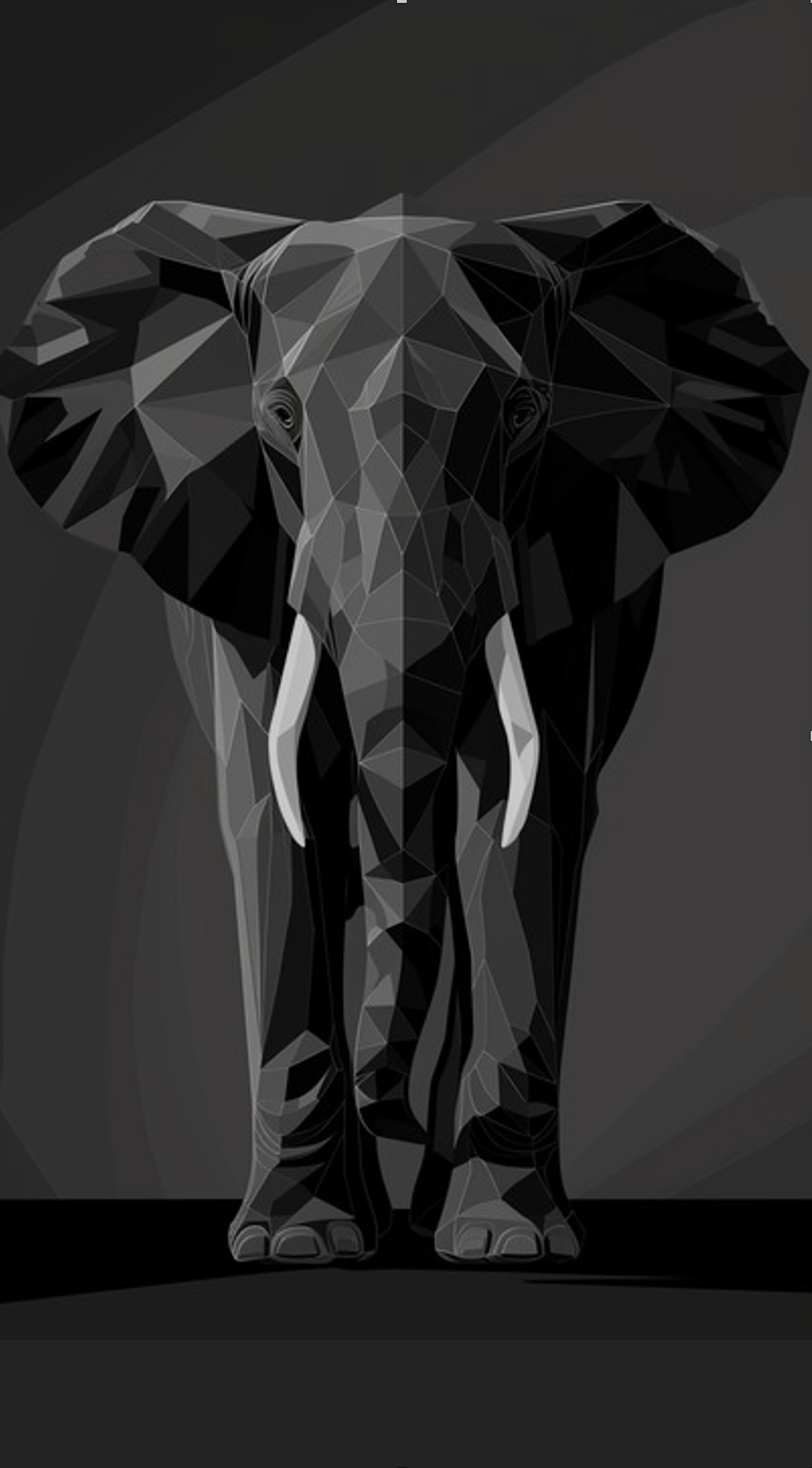 Abstract geometric elephant silhouette in grayscale on black background.