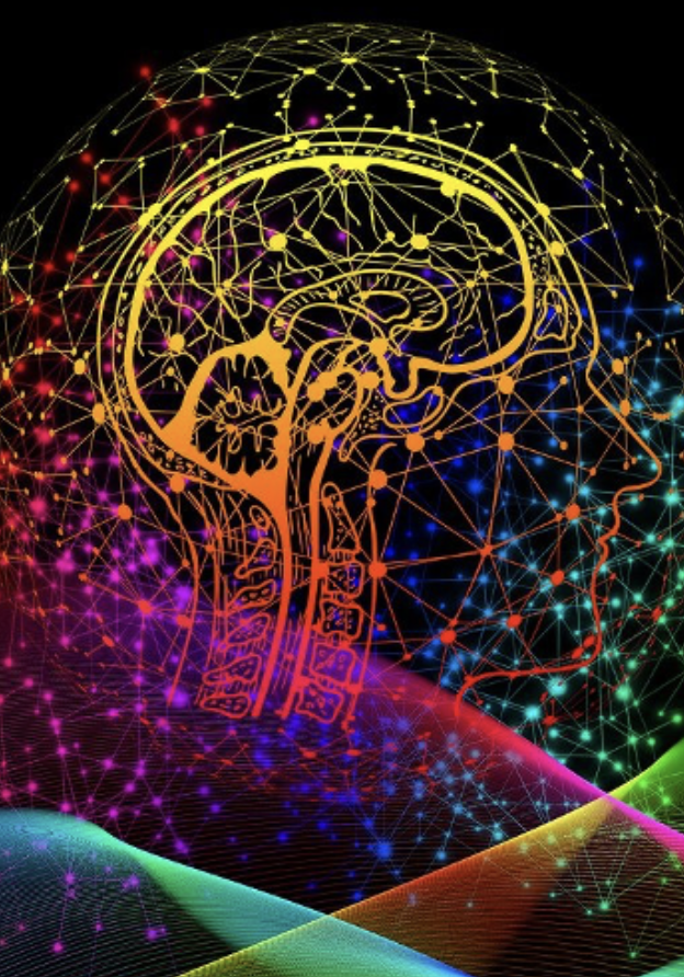 Colorful digital brain with neural network connections and waveforms.