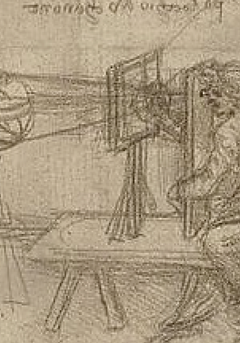 Sketch of a man using an early camera obscura device.
