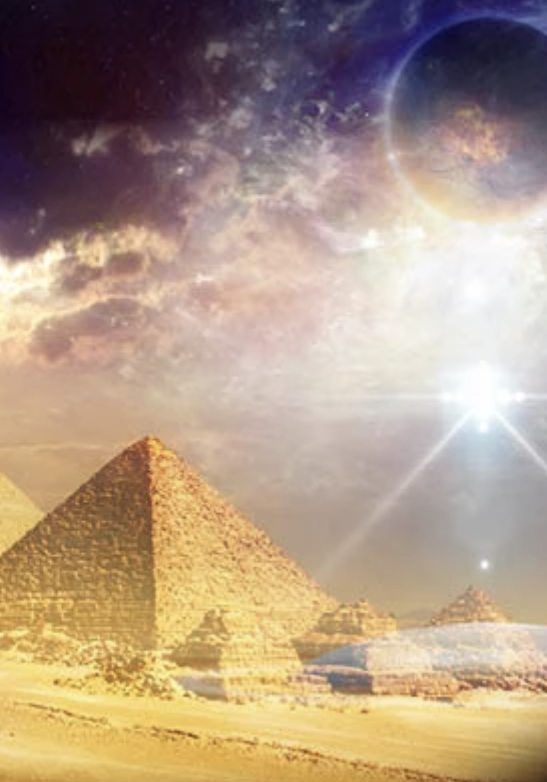 Ancient Egyptian pyramids under a cosmic sky with a glowing star and planet.